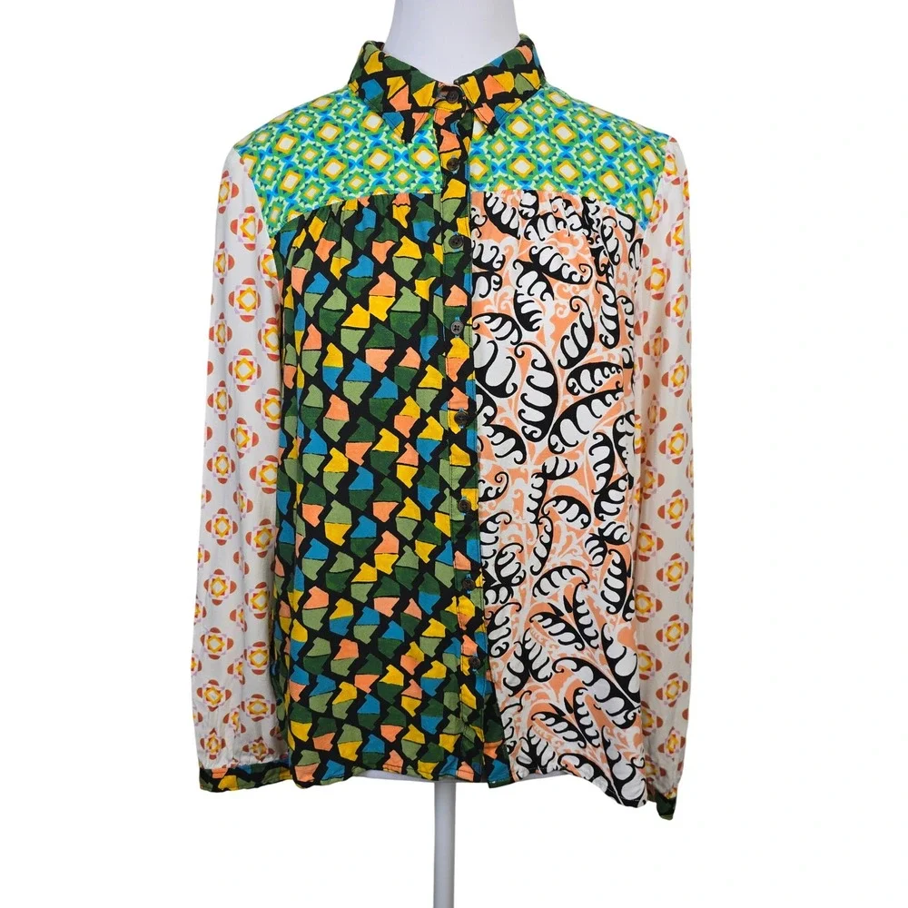 Maeve by Anthropologie Mixed Print Patchwork Button Down Shirt Multicolor Medium